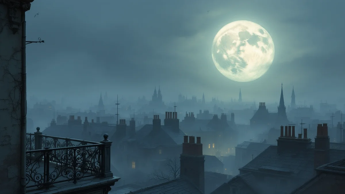Pintura atmosférica de una luna llena enorme sobre los tejados de una ciudad al anochecer, vista desde un balcón con barandilla de hierro
