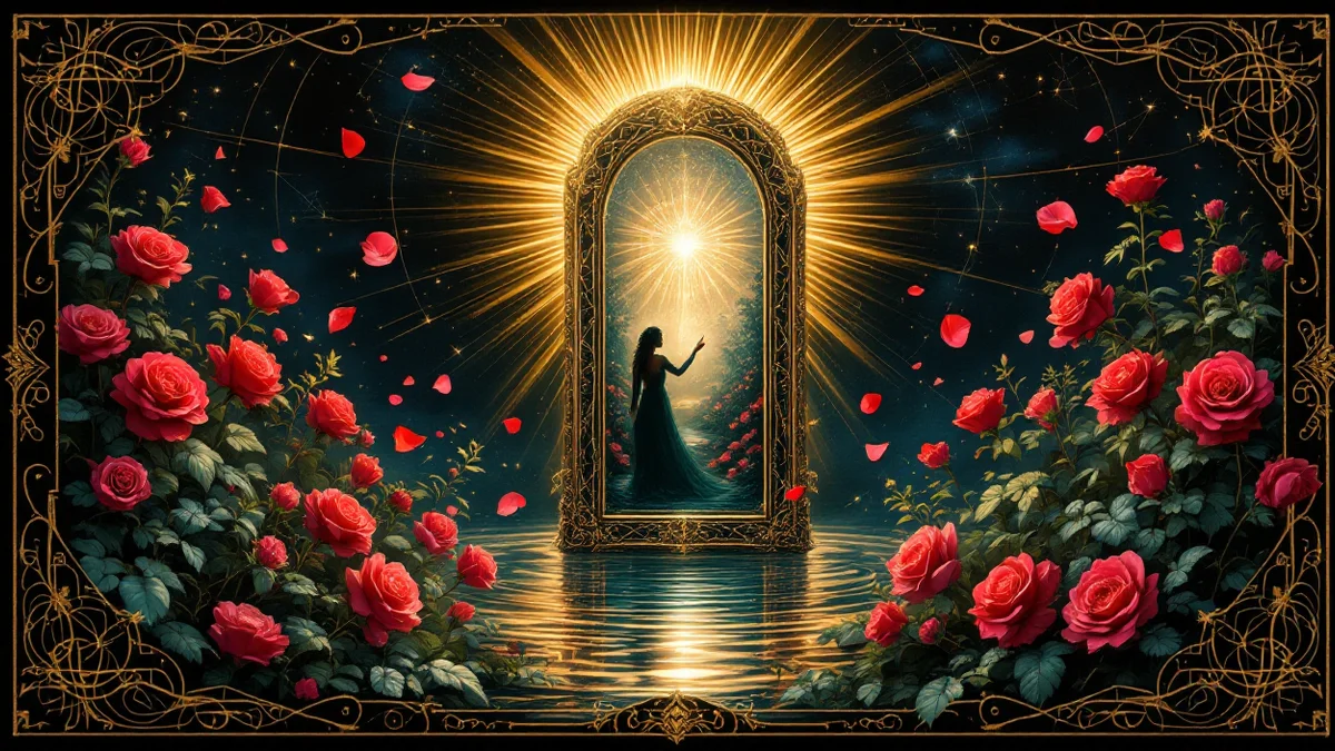 Lámina arcana: un espejo de espinas doradas en un jardín oscuro, con una mano atravesando el cristal hacia un jardín iluminado