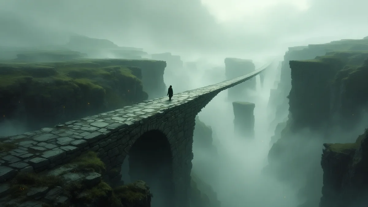 Pintura atmosférica de un puente de piedra que cruza entero un abismo entre acantilados cubiertos de musgo, con una figura diminuta caminando por él hacia la otra orilla entre la niebla